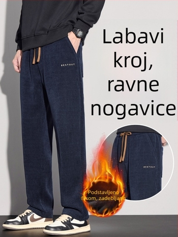 Muške casual hlače s flis podstavom, corduroy — ravne krojenje, širok kroj, zimske