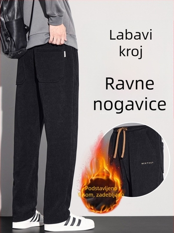 Muške casual hlače s flis podstavom, corduroy — ravne krojenje, širok kroj, zimske