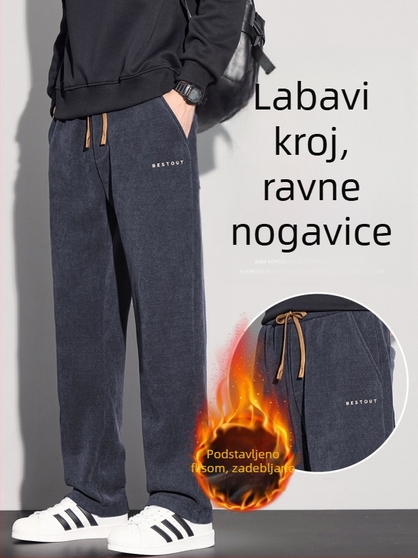 Muške casual hlače s flis podstavom, corduroy — ravne krojenje, širok kroj, zimske