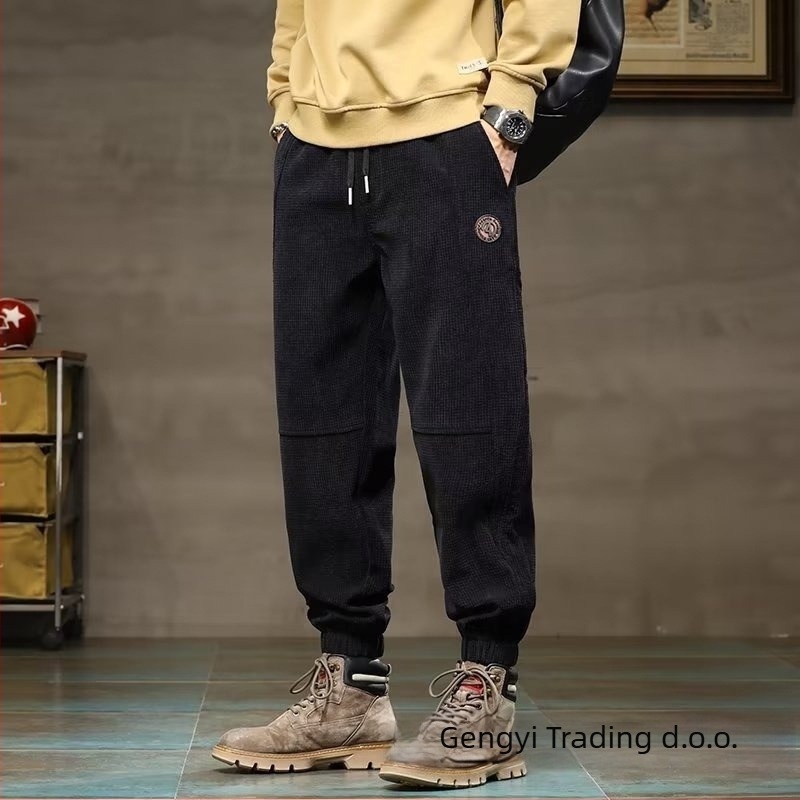 Muške casual trenirke s romboidnim uzorkom, srednji pojas, straight kroj, mikroelastičnost, hongkonški stil