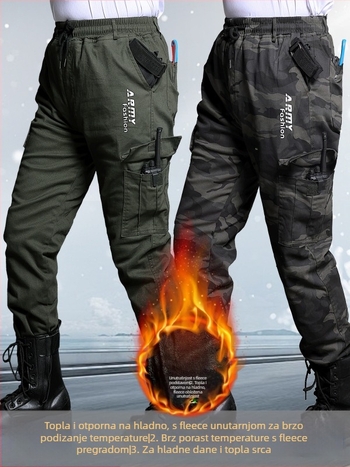 Muške zimske radne hlače s fleec podstavom, kamuflažni uzorak, elastan pojas, izdržljive, višestruke džepove