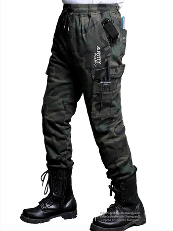 Muške zimske radne hlače s fleec podstavom, kamuflažni uzorak, elastan pojas, izdržljive, višestruke džepove