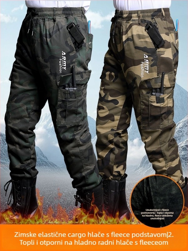 Muške zimske radne hlače s fleec podstavom, kamuflažni uzorak, elastan pojas, izdržljive, višestruke džepove