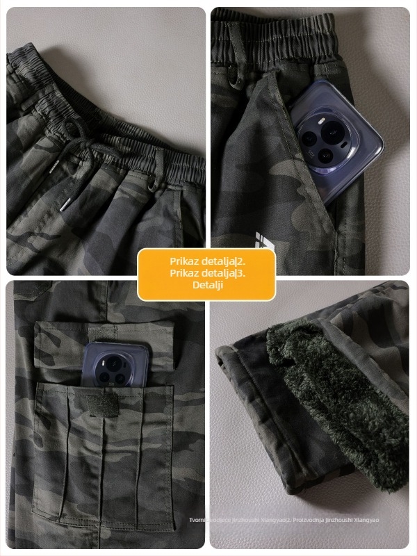 Muške zimske radne hlače s fleec podstavom, kamuflažni uzorak, elastan pojas, izdržljive, višestruke džepove