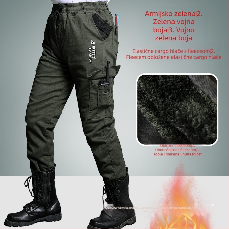 Muške zimske radne hlače s fleec podstavom, kamuflažni uzorak, elastan pojas, izdržljive, višestruke džepove