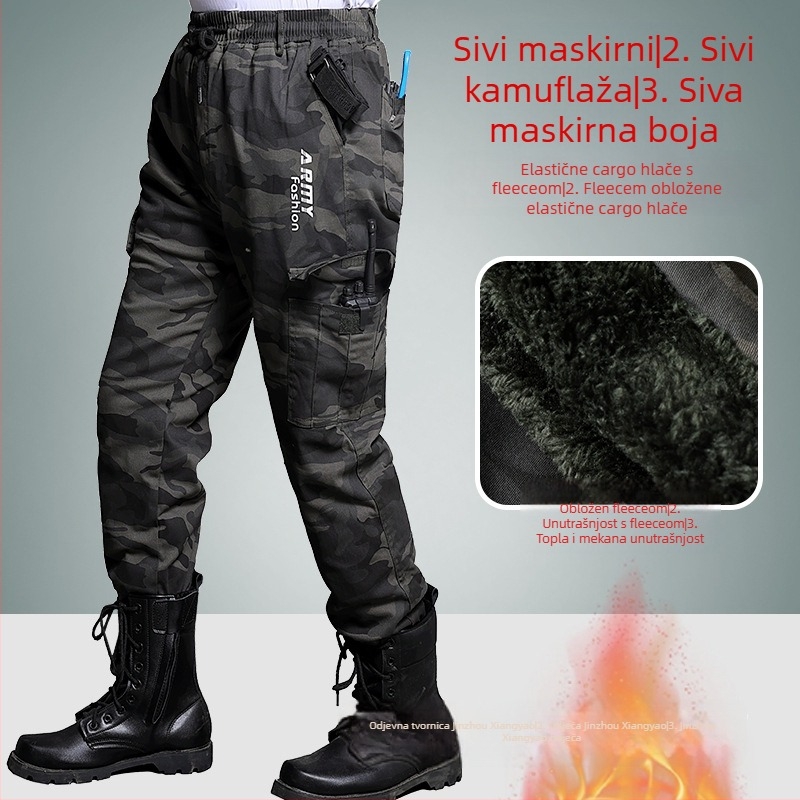 Muške zimske radne hlače s fleec podstavom, kamuflažni uzorak, elastan pojas, izdržljive, višestruke džepove