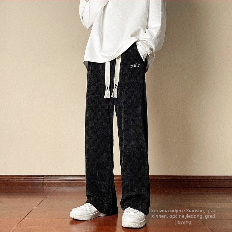 Muške corduroy hlače ravnog kroja — Kockasti uzorak, srednji pojas, fleece podstava, pamukasto-mješani materijal