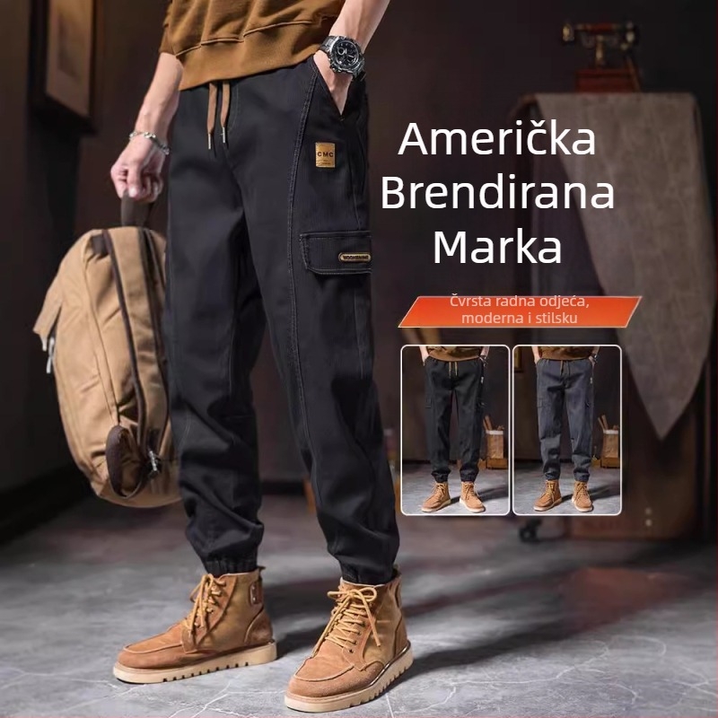 Muške radne hlače u japanskom stilu workwear, uski kroj, srednji porast, s remenom, pamuk