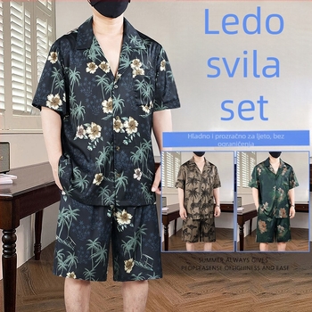Muški ljetni pidžama set, kratki rukavi, ultra-tanki poliester, novi kineski stil, nacionalni trend, gornji dio s ovratnikom i šorcevima