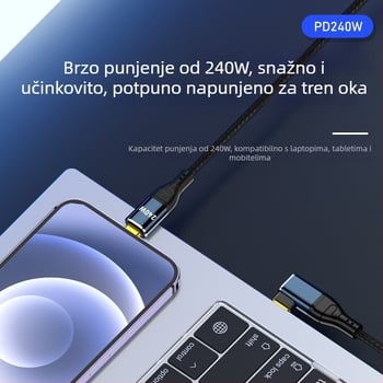 PD240W Type-C kabel za napajanje s čipom, dvostrani, za prijenosna računala, duljina 0,5–3 m