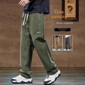 Muške pamučne cargo radne hlače – labave, ravne i široke, srednji pojas, s remenom i vezom za pričvršćivanje, prozračan debeli materijal