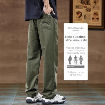 Muške pamučne cargo radne hlače – labave, ravne i široke, srednji pojas, s remenom i vezom za pričvršćivanje, prozračan debeli materijal