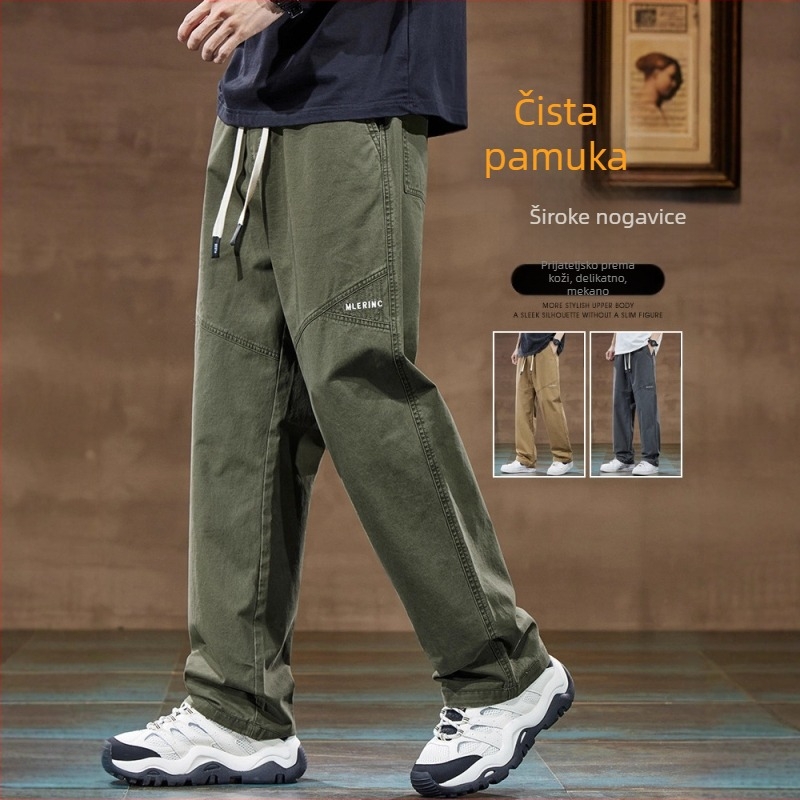 Muške pamučne cargo radne hlače – labave, ravne i široke, srednji pojas, s remenom i vezom za pričvršćivanje, prozračan debeli materijal