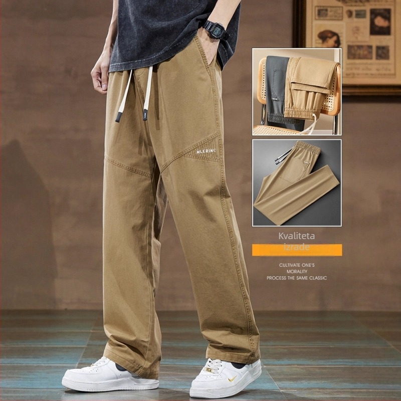 Muške pamučne cargo radne hlače – labave, ravne i široke, srednji pojas, s remenom i vezom za pričvršćivanje, prozračan debeli materijal