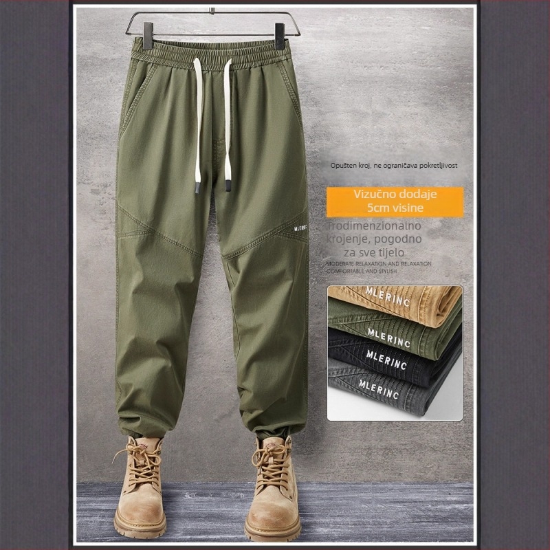 Muške pamučne cargo radne hlače – labave, ravne i široke, srednji pojas, s remenom i vezom za pričvršćivanje, prozračan debeli materijal