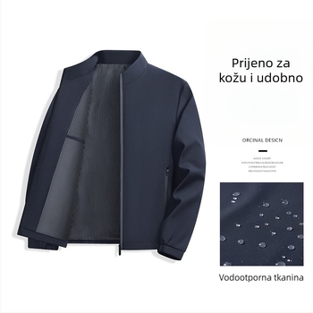 Lagana poslovna jakna za muškarce srednje dobi, stojeći ovratnik, zatvaranje na zip, bočni džepovi, 100% poliester