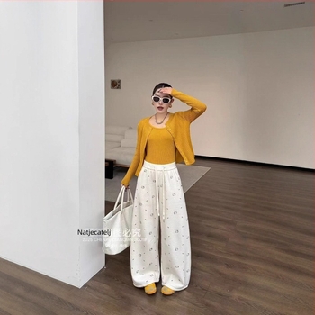 Ženske široke casual hlače, poliester 30-50%, visok pas, opušten kroj, japansko-korejski leisure stil, jesen 2025