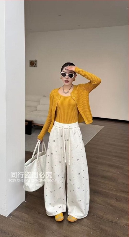 Ženske široke casual hlače, poliester 30-50%, visok pas, opušten kroj, japansko-korejski leisure stil, jesen 2025