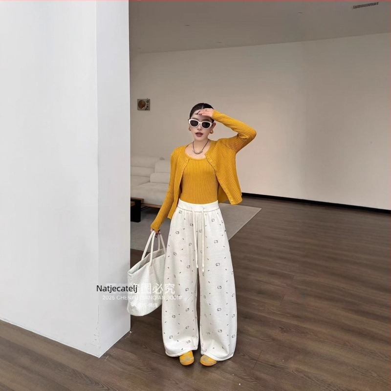 Ženske široke casual hlače, poliester 30-50%, visok pas, opušten kroj, japansko-korejski leisure stil, jesen 2025