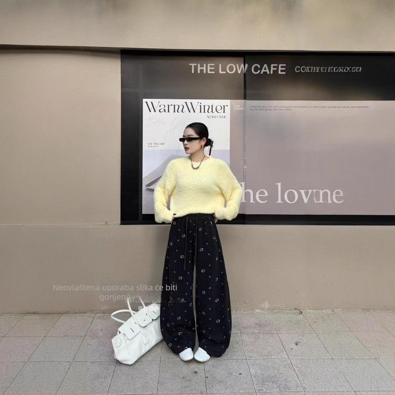 Ženske široke casual hlače, poliester 30-50%, visok pas, opušten kroj, japansko-korejski leisure stil, jesen 2025