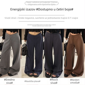 Ženske široke hlače s visokim strukom i fleece unutarnjom, mješavina poliestera i viskoze, za jesen-zimu