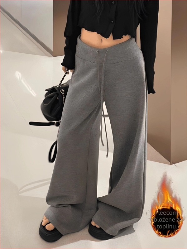Ženske široke hlače s visokim strukom i fleece unutarnjom, mješavina poliestera i viskoze, za jesen-zimu