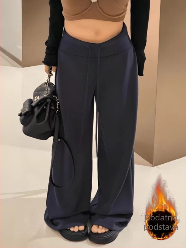 Ženske široke hlače s visokim strukom i fleece unutarnjom, mješavina poliestera i viskoze, za jesen-zimu