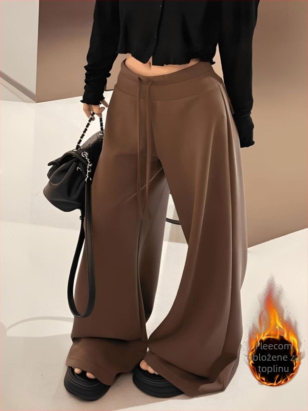 Ženske široke hlače s visokim strukom i fleece unutarnjom, mješavina poliestera i viskoze, za jesen-zimu