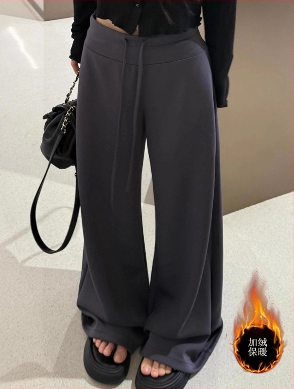Ženske široke hlače s visokim strukom i fleece unutarnjom, mješavina poliestera i viskoze, za jesen-zimu