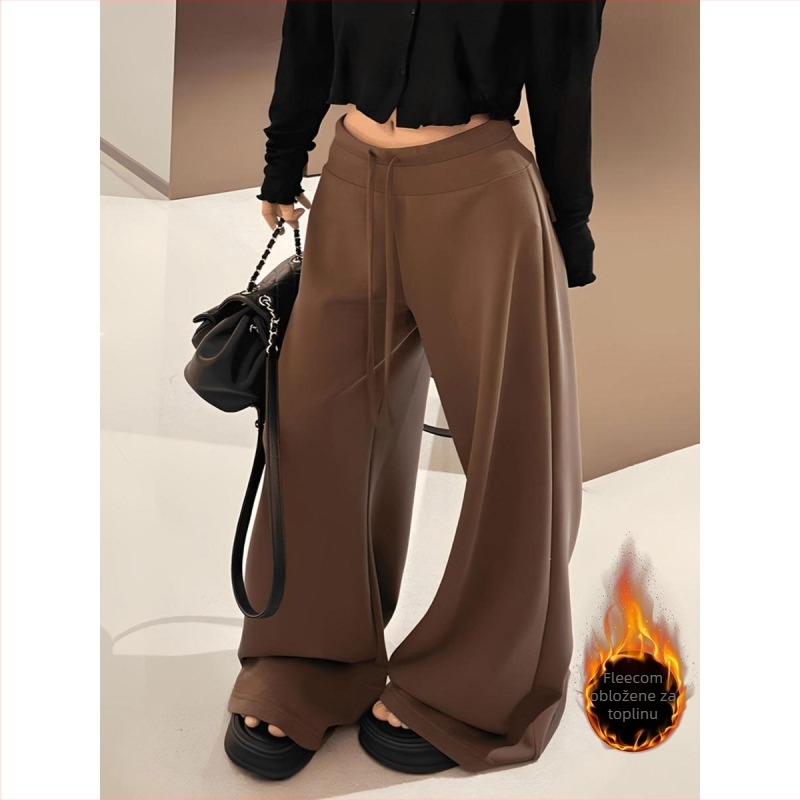 Ženske široke hlače s visokim strukom i fleece unutarnjom, mješavina poliestera i viskoze, za jesen-zimu
