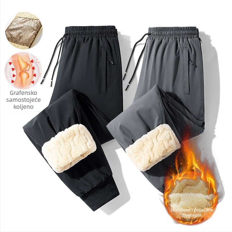 Muške zimske hlače s fleec podstavom, ravnog kroja, s pojasom i zatvaranjem vezicom