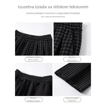 Ženske hlače s širokim krojem, crno-siva kombinacija, blok boja, jesen-zima, plus size, s fleecem, drapirane casual hlače
