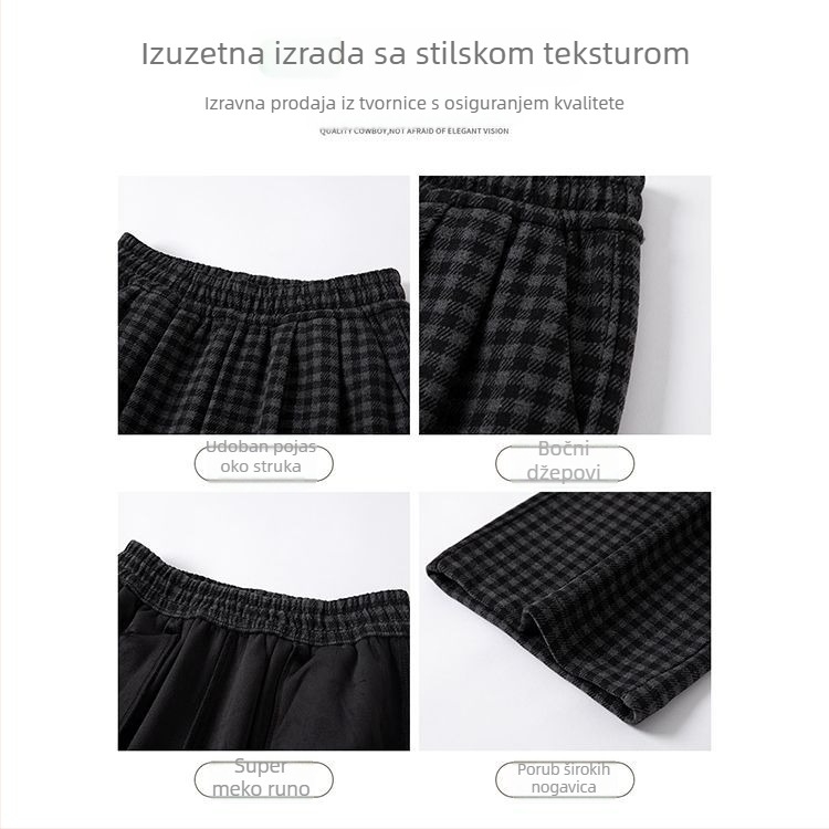 Ženske hlače s širokim krojem, crno-siva kombinacija, blok boja, jesen-zima, plus size, s fleecem, drapirane casual hlače