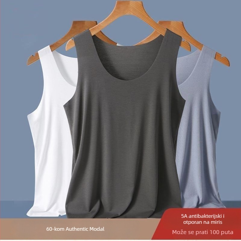 Muški bezrukavni modalni prsluk s Y linijom, okrugli ovratnik, 90–95% modal vlakna, srednje gustoće, prozračan, casual stil