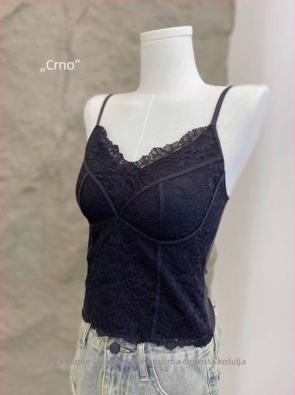 Camisola od pamuka s čipkom i linijom riblje kosti, uski struk, bezšivni dizajn, ugrađene košarice, V-izrez, s trakama