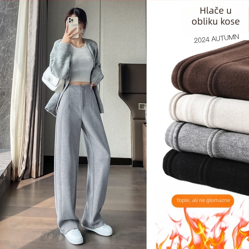 Ženske hlače s visokim strukom i širokim krojem, podstavljene flisom, tweed tekstura, jesen-zima, casual
