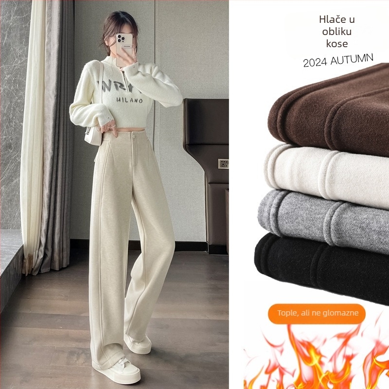 Ženske hlače s visokim strukom i širokim krojem, podstavljene flisom, tweed tekstura, jesen-zima, casual