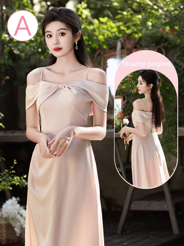 Haljina za djeveruše s visokim strukom, duga A-linija suknja, dekolte na jedno rame s dvostrukim reverom, princeski stil