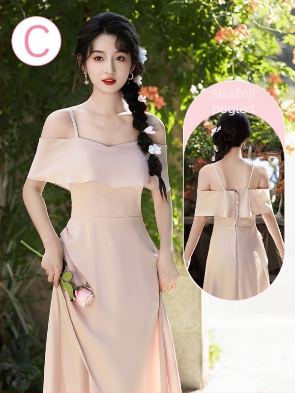 Haljina za djeveruše s visokim strukom, duga A-linija suknja, dekolte na jedno rame s dvostrukim reverom, princeski stil