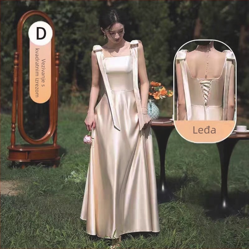 Satenska haljina djeveruše s visokim strukom, jednoro rameni izrez, A-kroj, duga, elegantna
