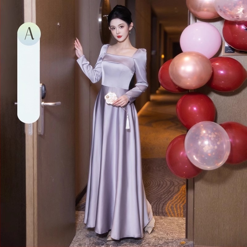 Satenska haljina za djeverušu s dugim rukavima, elegantna i vitka za vjenčanja i zabave