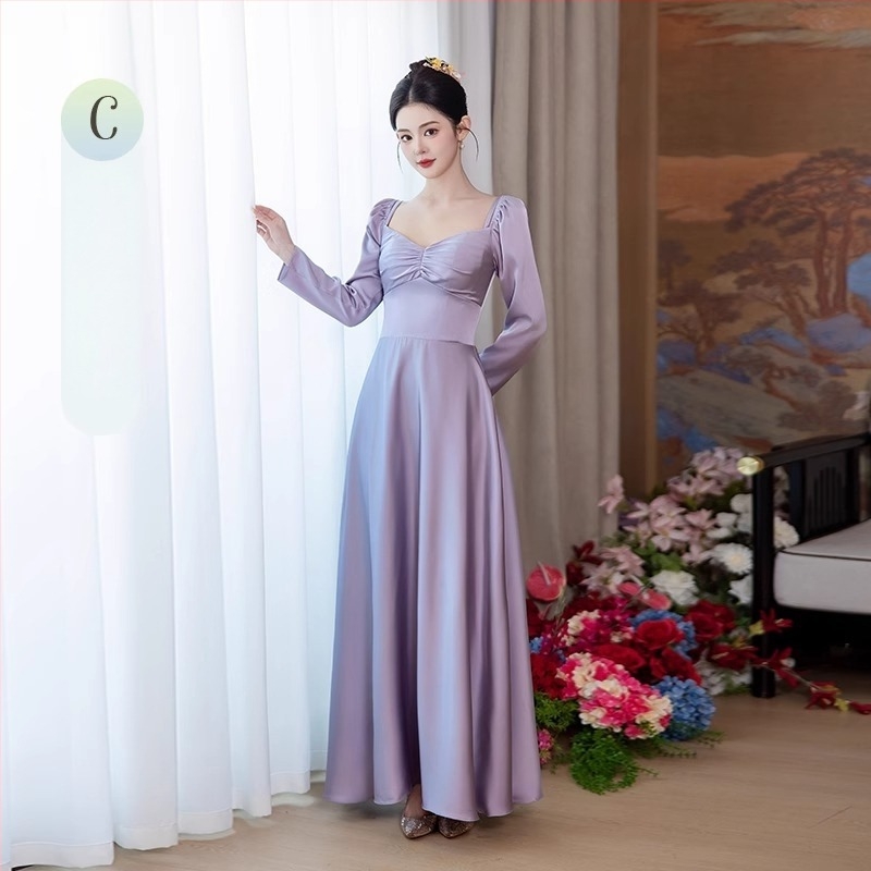 Satenska haljina za djeverušu s dugim rukavima, elegantna i vitka za vjenčanja i zabave