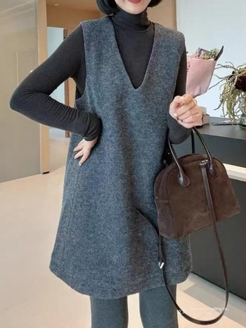 Ženska haljina od vunenog materijala | V-izrez, bez rukava, A-linija, srednja duljina (Vuneni materijal; V-izrez; Bez rukava; A-linija; Srednja duljina)