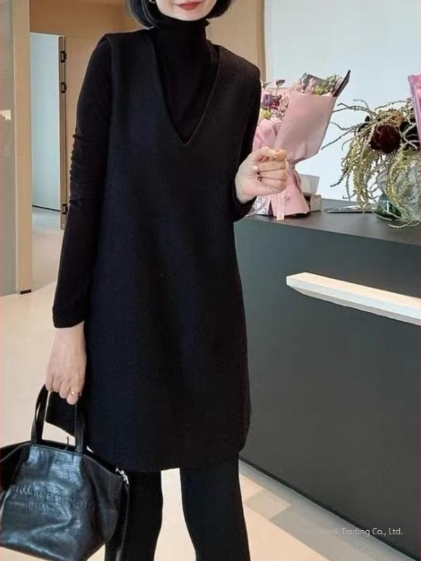 Ženska haljina od vunenog materijala | V-izrez, bez rukava, A-linija, srednja duljina (Vuneni materijal; V-izrez; Bez rukava; A-linija; Srednja duljina)