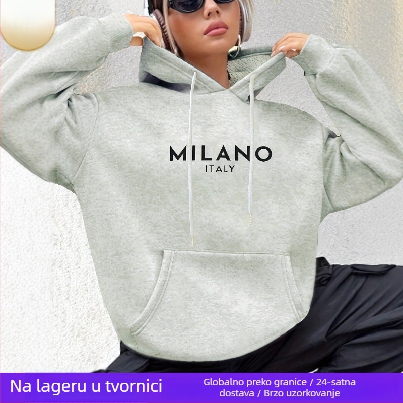 Ženski hoodie s kapuljom i natpisom, Harajuku-inspiriran, plus veličina, debeli poliester, pliš podstava, jesen-zima