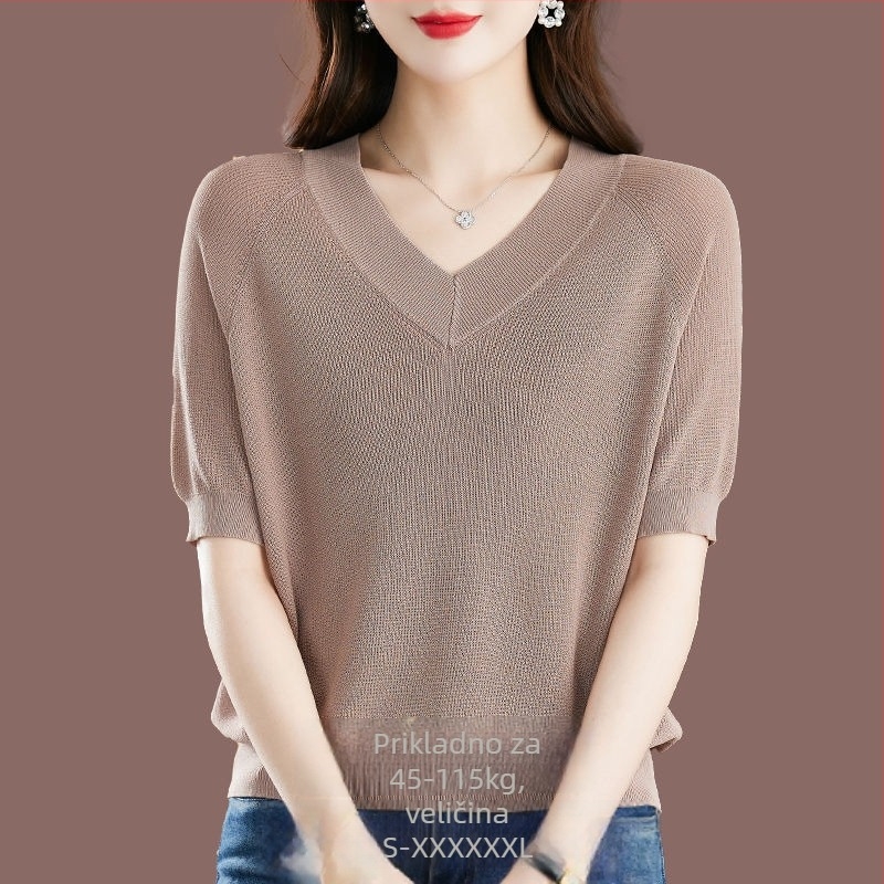 Ženski T-shirt od Ice Silk s kratkim rukavima, ležernog kroja, V-izrez, 95%+ viskoze