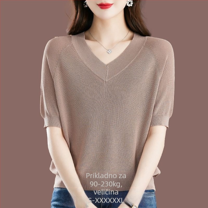 Ženski T-shirt od Ice Silk s kratkim rukavima, ležernog kroja, V-izrez, 95%+ viskoze