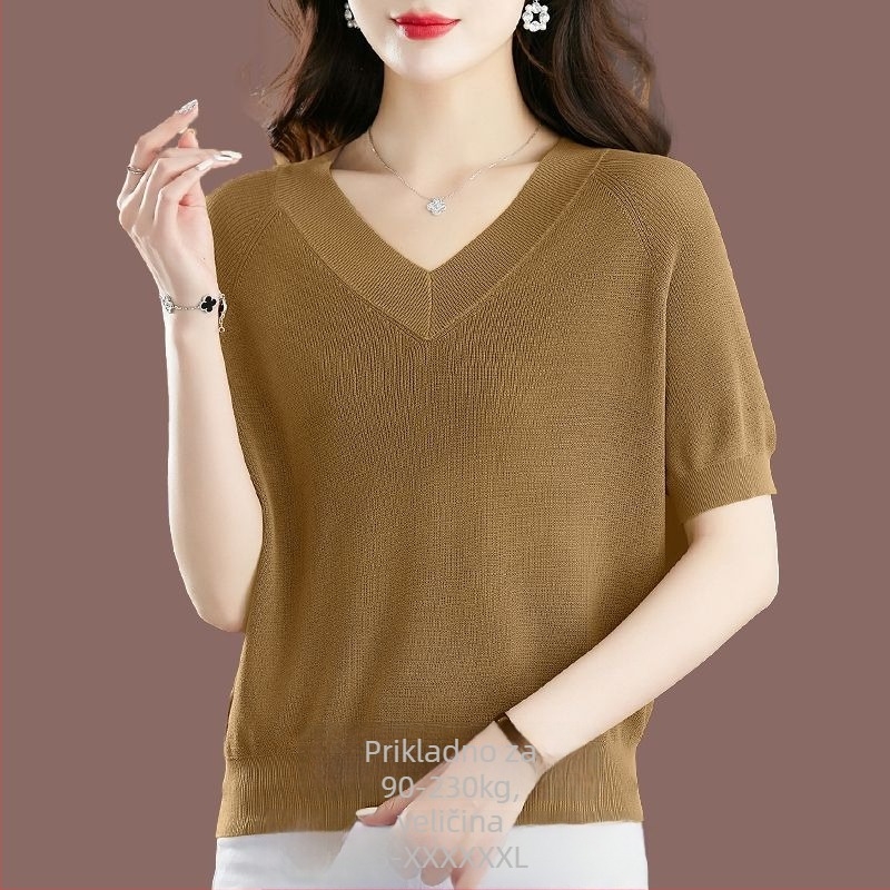 Ženski T-shirt od Ice Silk s kratkim rukavima, ležernog kroja, V-izrez, 95%+ viskoze