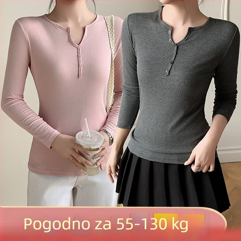 Ženski top s dugim rukavima, plus veličine, osnovni pleteni top s V izrezom za slojevito odijevanje