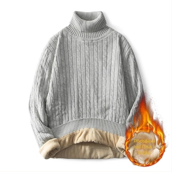 Muška pletena jakna s kapuljačom – flekso podstava, visok ovratnik, žakard uzorak, uski kroj (dugi rukavi, jesen-zima 2023)